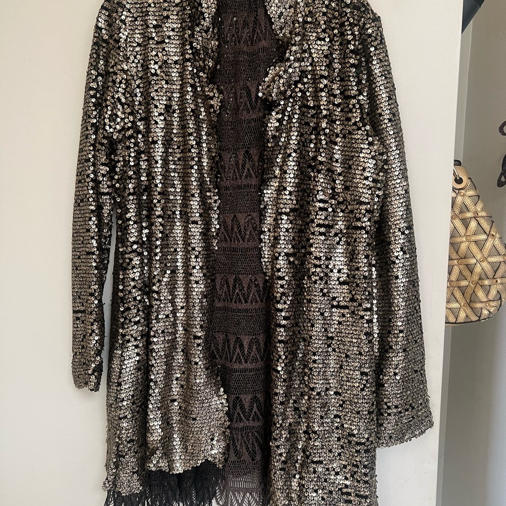 Free People Stardust Gold Tarnished Sequin Lace Boho Jacket Blazer L